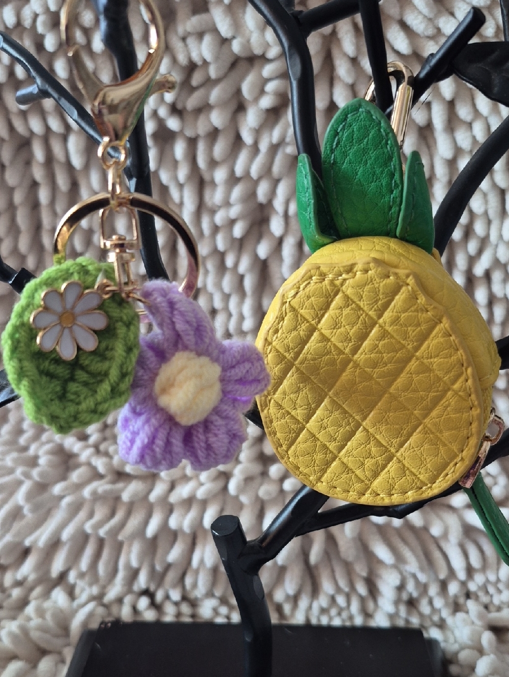 Pineapple Coin Pouch Keychain AND Crocheted Floral Charm Keychain [K12]